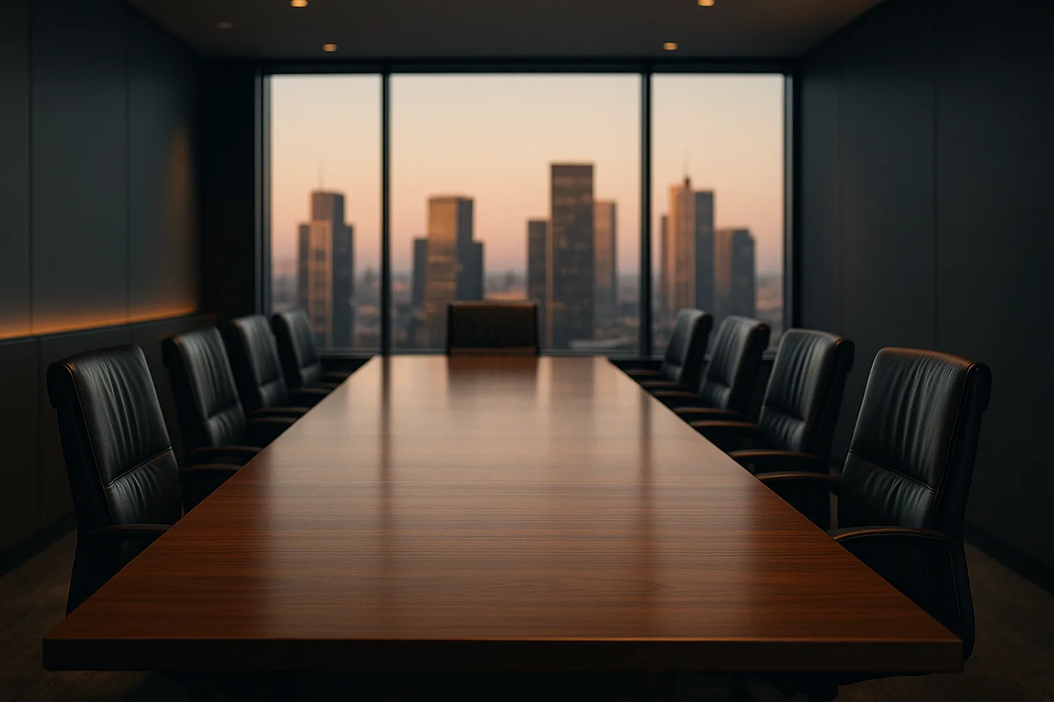 Sala de juntas vacía con vista a la ciudad