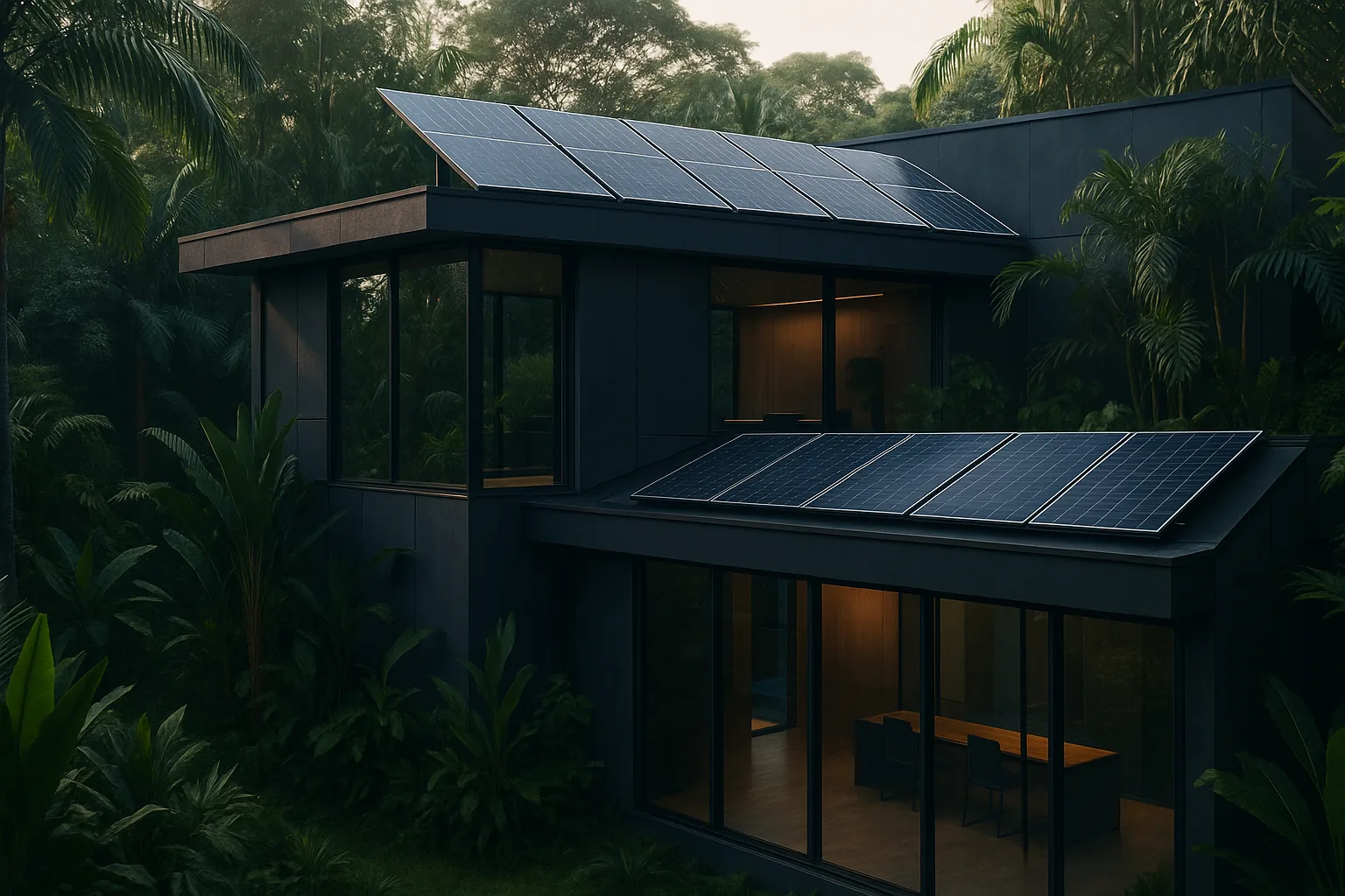 Edificio sostenible integrado con vegetación tropical, gestión ambiental