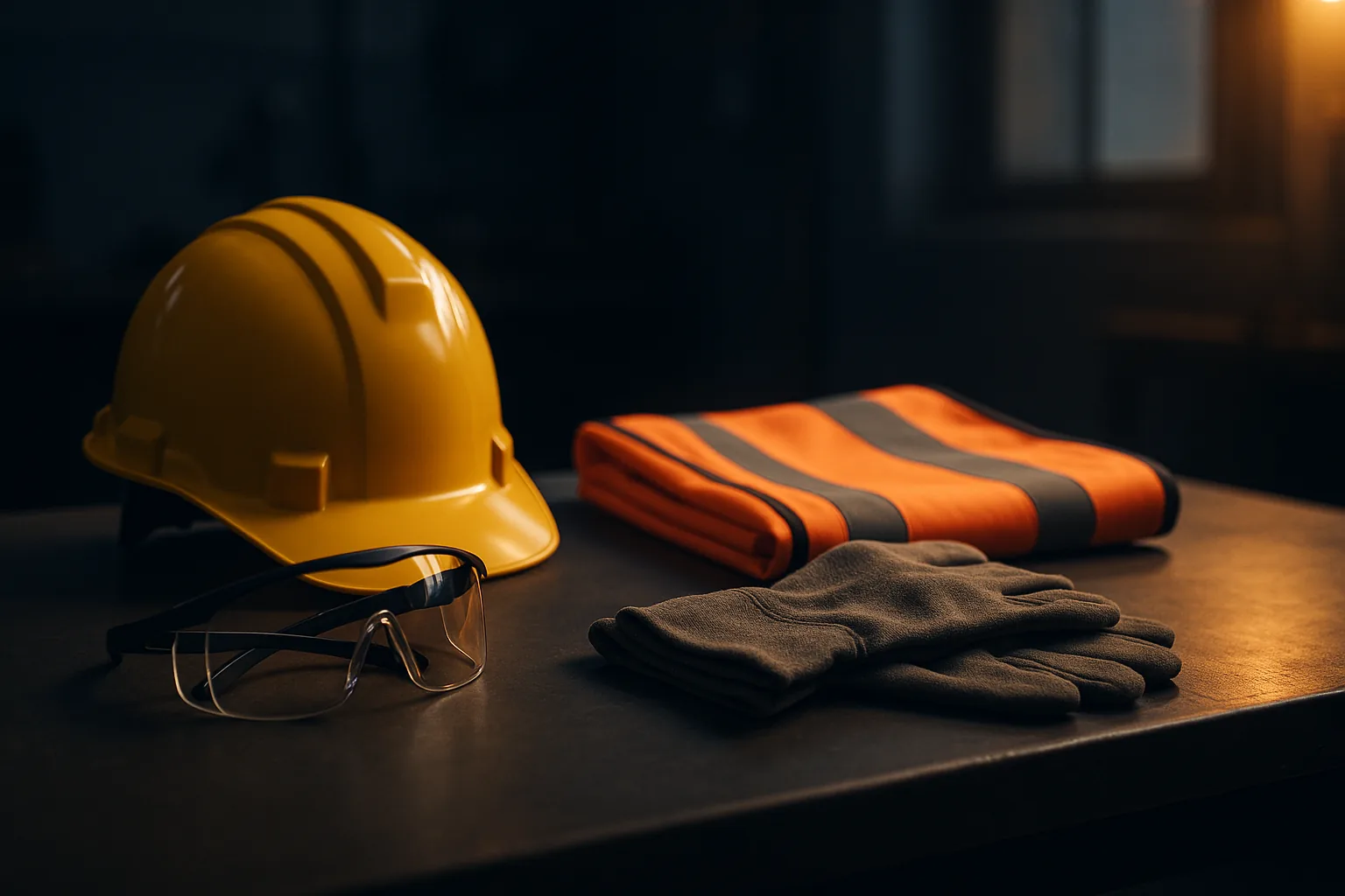 Equipo de protección personal ordenado en un área de trabajo industrial